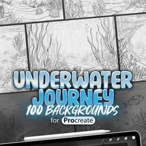 May include: A set of 100 black and white underwater backgrounds for Procreate. The backgrounds feature coral, seaweed, and fish. The text "Underwater Journey 100 Backgrounds for Procreate" is displayed in blue.