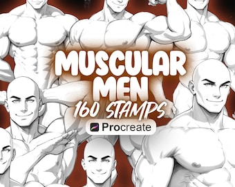 May include: A set of 160 digital stamps for Procreate featuring muscular men in various poses. The stamps are black and white line drawings.