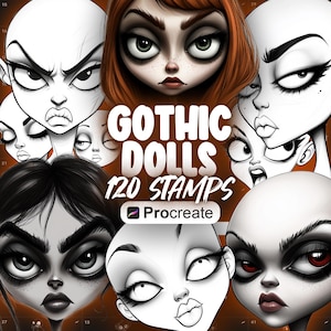 120 Procreate Cartoon Gothic Dolls-stempels | Gotische personages voortplanten Hoofden Stempels | Creepy Cute Dolls-stempels voortplanten | Modepoppen