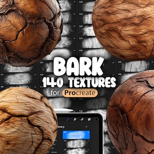 Puede incluir: Una colección de 140 texturas de corteza para Procreate, con imágenes de primer plano de diferentes tipos de corteza. Las texturas son perfectas para agregar detalles realistas al arte digital.
