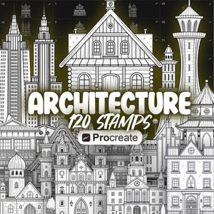 May include: A set of 120 black and white architectural stamps for Procreate. The stamps feature a variety of buildings, including houses, churches, and skyscrapers.