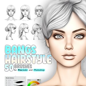 May include: A digital illustration of a woman with bangs and a gray hairstyle. The image is a promotional graphic for a set of 50 digital brushes for Procreate and Photoshop called "Bangs Hairstyle".