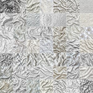 May include: A collage of 36 different white and gray fabric textures. The textures include satin, silk, lace, and geometric patterns.