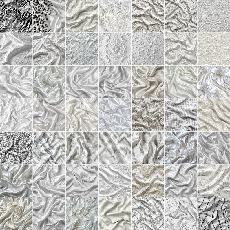May include: A collage of 36 different white and gray fabric textures. The textures include satin, silk, lace, and geometric patterns.