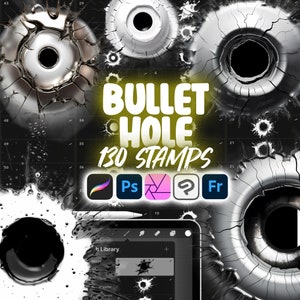 130 Procreate Bullet Holes Stamp Brushes | Procreate Shot Hole Stamp Brushes | Bullet Hole in Glass | Bullet Hole in Metal | Gunshot Hole