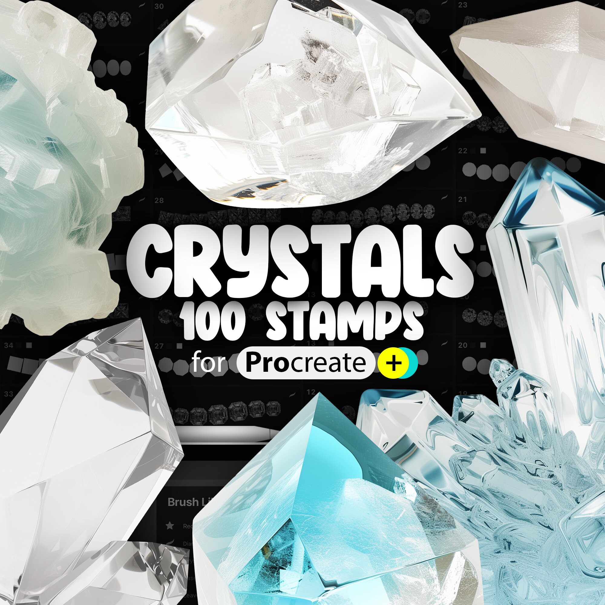 100 sellos de Procreate Cristales y Gemas — Conjunto de pinceles de cuarzo, strass y roca para Procreate