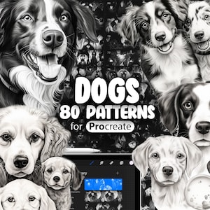 以下が含まれることがあります： Procreate 用の 80 個の白黒の犬のパターンコレクション。パターンには、ボーダーコリー、ゴールデンレトリバー、ビーグルなど、さまざまな犬種が描かれています。