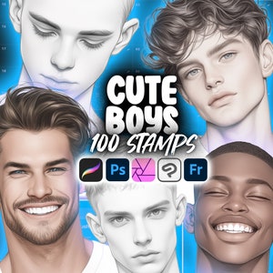 100 Procreate Cute Boys Stamp Brushes | Photoshop Male Face Stamps | Clip Studio Paint Boy Head | Procreate Fashion Boy | Procreate Men Head