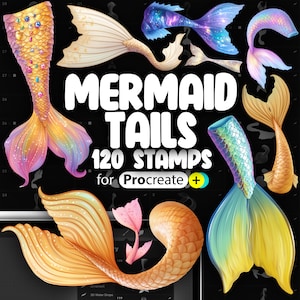 May include: An assortment of colorful mermaid tail illustrations. The image includes the text "MERMAID TAILS 120 STAMPS for Procreate +" in white. The tails are in various colors, including gold, pink, blue, and yellow, with scale and fin details.