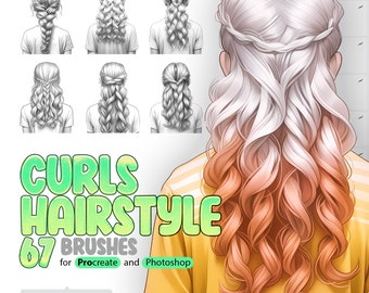 67 Curls Hairstyle Procreate Brushes, 67 Curls Hairstyle Photoshop Brushes, Curly Hair Procreate Stamp Brushes, Haircut Girls Procreate