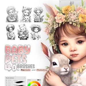 40 borstels voor baby met huisdieren, 40 Photoshop-penselen voor kinderen met huisdieren, dierenstempelborstel voor voortplanting, kleine meisjes planten zich voort