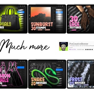 May include: A collection of digital art assets for Procreate and Photoshop, including animal textures, sunburst stamps, lace textures, fashion model stamps, snake brushes, and frost brushes.
