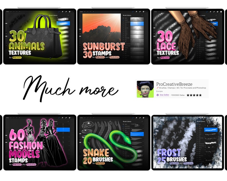 May include: A collection of digital art assets for Procreate and Photoshop, including animal textures, sunburst stamps, lace textures, fashion model stamps, snake brushes, and frost brushes.
