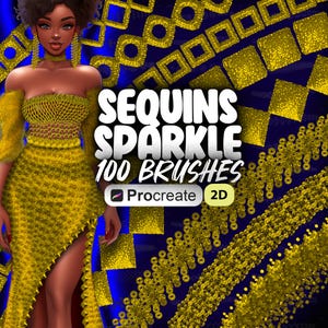 May include: A set of 100 Procreate 2D brushes for creating sequin sparkle effects. The brushes are designed to create realistic-looking sequins and sparkle effects. The image shows a woman wearing a sequined dress and a background of sequin patterns.