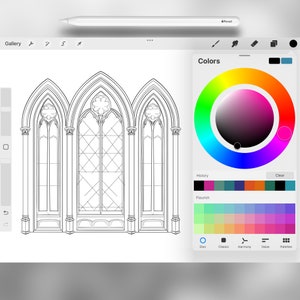 May include: A black and white line drawing of three arched windows with intricate details. The image is on a digital tablet screen with a colour wheel and other tools for digital art.