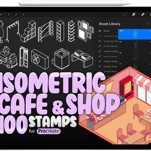 100 Cafe Isometric Brush for Procreate, Shop Isometric Brush for Procreate, Isometric House 3D Interior Procreate Stamps Brushes