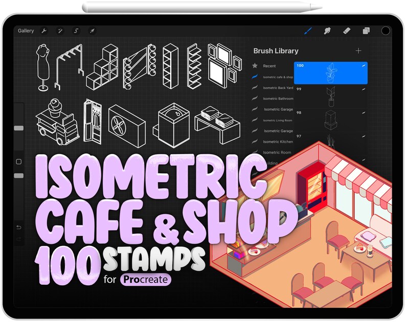 Puede incluir: Ilustraci&oacute;n digital en una tableta con sellos isom&eacute;tricos de caf&eacute; y tienda para Procreate. La imagen incluye dibujos lineales de elementos de caf&eacute; y tienda, adem&aacute;s de una colorida escena de caf&eacute; isom&eacute;trico. El texto dice "ISOMETRIC CAFE & SHOP 100 STAMPS for Procreate."