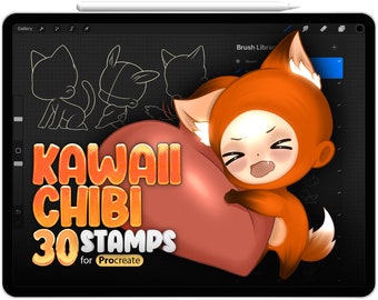 May include: A digital illustration of a cute orange fox character holding a heart-shaped object. The text "KAWAII CHIBI 30 STAMPS for Procreate" is displayed on a black background.