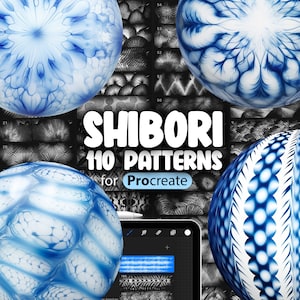 Puede incluir: Una ilustración digital de 110 patrones Shibori para Procreate. Los patrones se muestran en una variedad de esferas azules y blancas. El texto "Shibori 110 Patterns for Procreate" se muestra en letras blancas sobre un fondo negro.