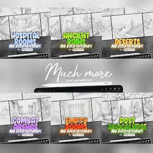 May include: A collage of six images showcasing different digital backgrounds for the Procreate app. The images depict various scenes, including hospital rooms, ancient ruins, deserts, combat arenas, empty rooms, and a post-apocalyptic landscape. Each image features the text "100 BACKGROUNDS for Procreate".