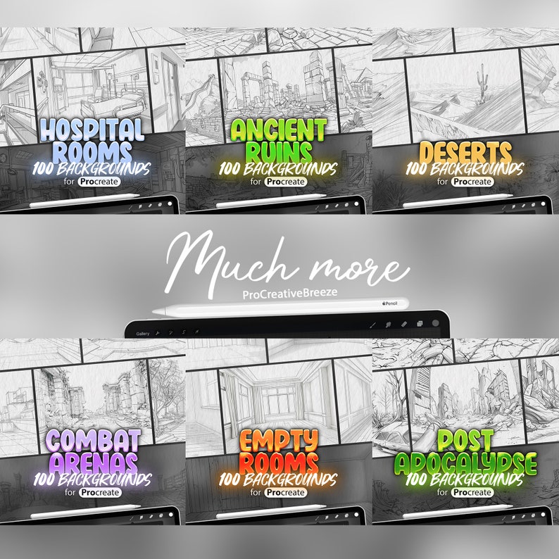 May include: A collage of six images showcasing different digital backgrounds for the Procreate app. The images depict various scenes, including hospital rooms, ancient ruins, deserts, combat arenas, empty rooms, and a post-apocalyptic landscape. Each image features the text "100 BACKGROUNDS for Procreate".