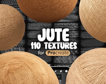 May include: A collection of 110 jute textures for Procreate, shown as spheres with different textures. The textures are a variety of browns and tans.