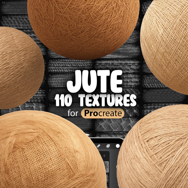 May include: A collection of 110 jute textures for Procreate, shown as spheres with different textures. The textures are a variety of browns and tans.