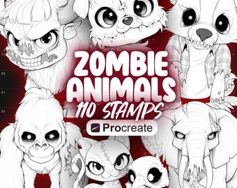 110 pinceles para sellos de animales zombis de Procreate / Sellos de animales de Halloween de Procreate / Sellos de animales zombis bebés adorables de Procreate