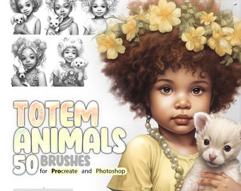 50 pinceaux procréer animaux totems, 50 pinceaux Photoshop animaux totems, petites filles avec des animaux, petits garçons avec des animaux, pinceau pour tampon