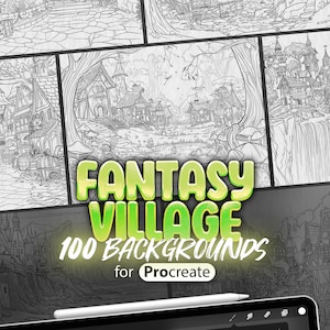Può includere: Un'illustrazione digitale di 100 sfondi di villaggio fantasy per Procreate. Gli sfondi presentano una varietà di edifici, alberi e altri elementi, tutti in uno stile di arte lineare in bianco e nero. Il testo "Fantasy Village 100 Backgrounds for Procreate" è visualizzato in un gradiente verde e giallo.