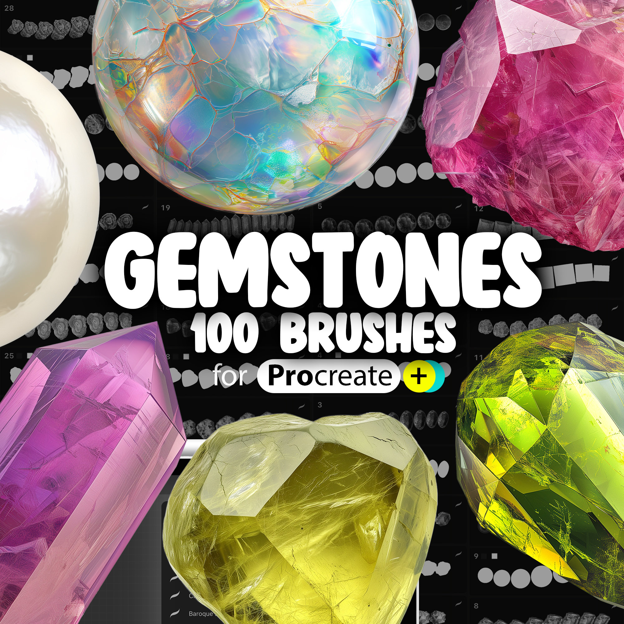 100個のProcreate宝石ブラシ – ダイヤモンド、パール、ジュエリー＆ファッションスタンプセット