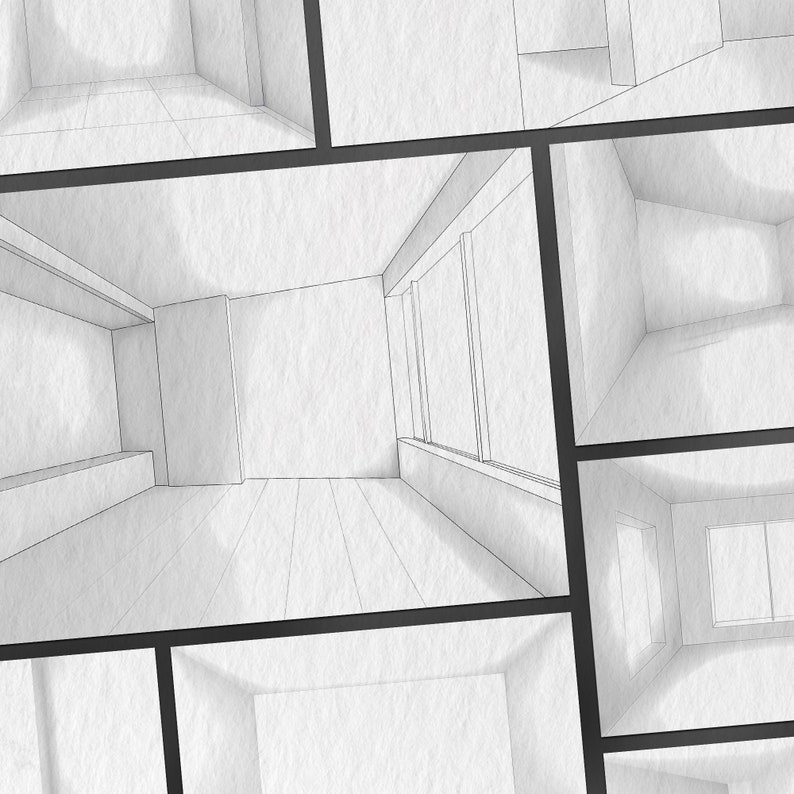May include: A black and white line drawing of a room with a window and a door. The room is empty and the walls are white. The drawing is on a textured paper background.