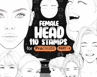 Puede incluir: Ilustración digital en blanco y negro que presenta múltiples bocetos de cabezas femeninas. El texto dice "FEMALE HEAD 110 STAMPS for Procreate PART-4". La imagen muestra diversas expresiones faciales y peinados, adecuada para proyectos de arte digital.