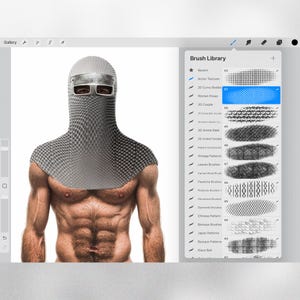 May include: A digital illustration of a man wearing a gray, chainmail-like helmet. The image is from a digital art program and shows a list of brushes on the right side of the screen. The brushes are labeled with names like "Armor Textures", "2D Curvy Bodies", "Women Poses", and "20 Couple".