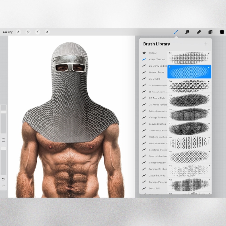 May include: A digital illustration of a man wearing a gray, chainmail-like helmet. The image is from a digital art program and shows a list of brushes on the right side of the screen. The brushes are labeled with names like "Armor Textures", "2D Curvy Bodies", "Women Poses", and "20 Couple".