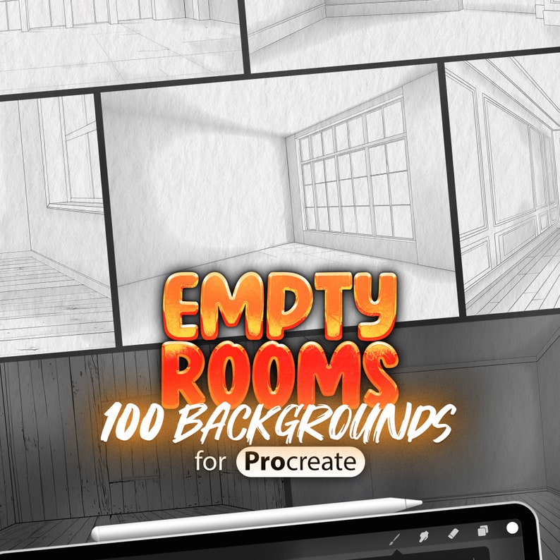 May include: A digital illustration of 100 empty room backgrounds for Procreate. The image shows a variety of room layouts with windows, doors, and walls. The text "EMPTY ROOMS 100 BACKGROUNDS for Procreate" is displayed in a bright orange and yellow color scheme.