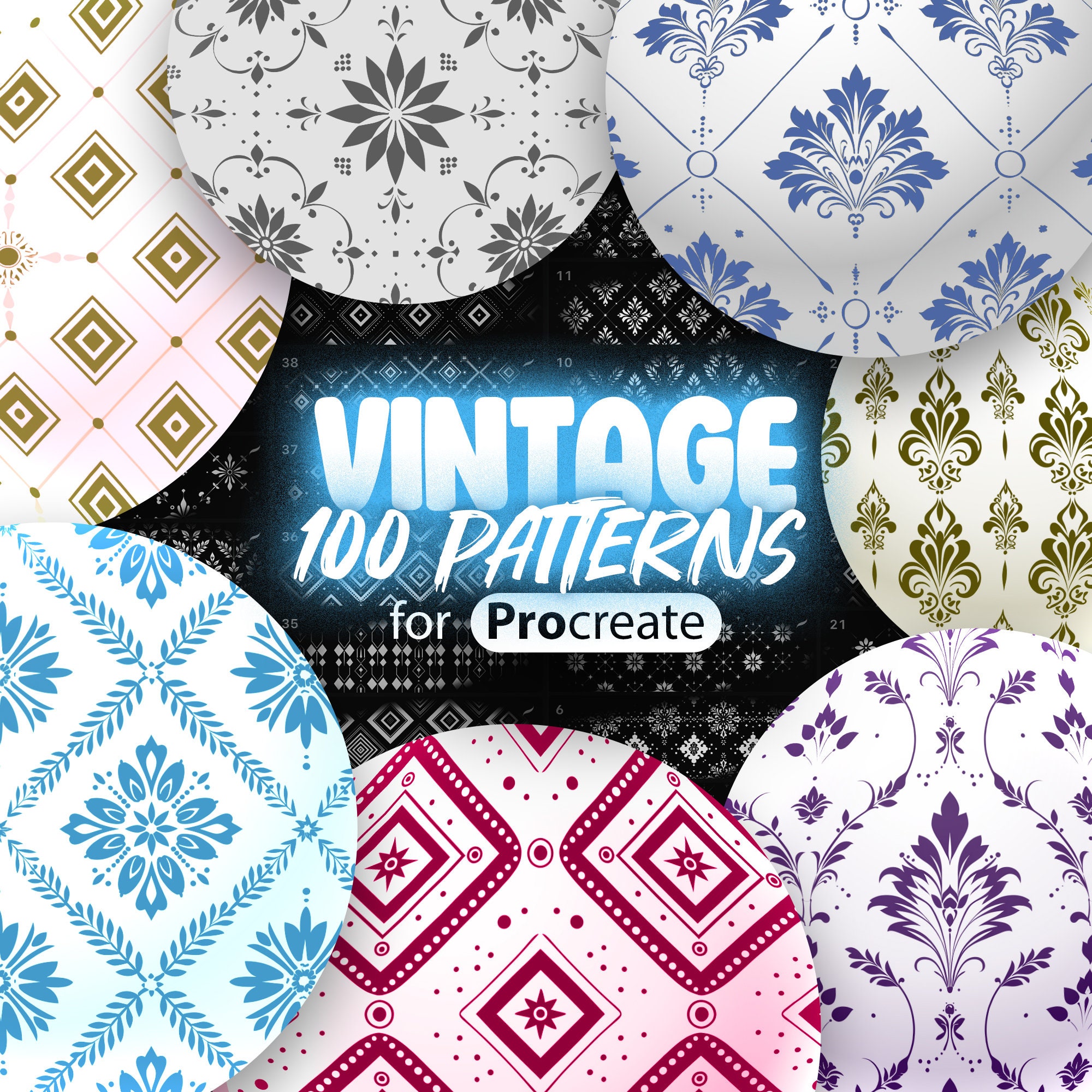 100 Procreate Vintage Pattern Brushes | Geometric, Floral, Ornamental & Retro Patterns