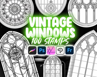 Peut inclure: Un ensemble de 100 tampons de fenêtres vintage à utiliser dans Photoshop, Illustrator, Procreate et Affinity Designer. Les tampons présentent une variété de styles, notamment des fenêtres cintrées, rondes et rectangulaires. Les fenêtres sont toutes en noir et blanc et présentent un design détaillé et complexe.