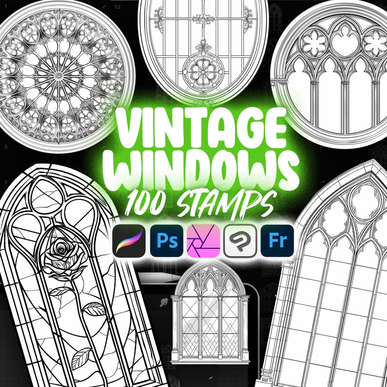 May include: A set of 100 vintage window stamps for use in Photoshop, Illustrator, Procreate, and Affinity Designer. The stamps feature a variety of styles, including arched, round, and rectangular windows. The windows are all black and white and have a detailed, intricate design.