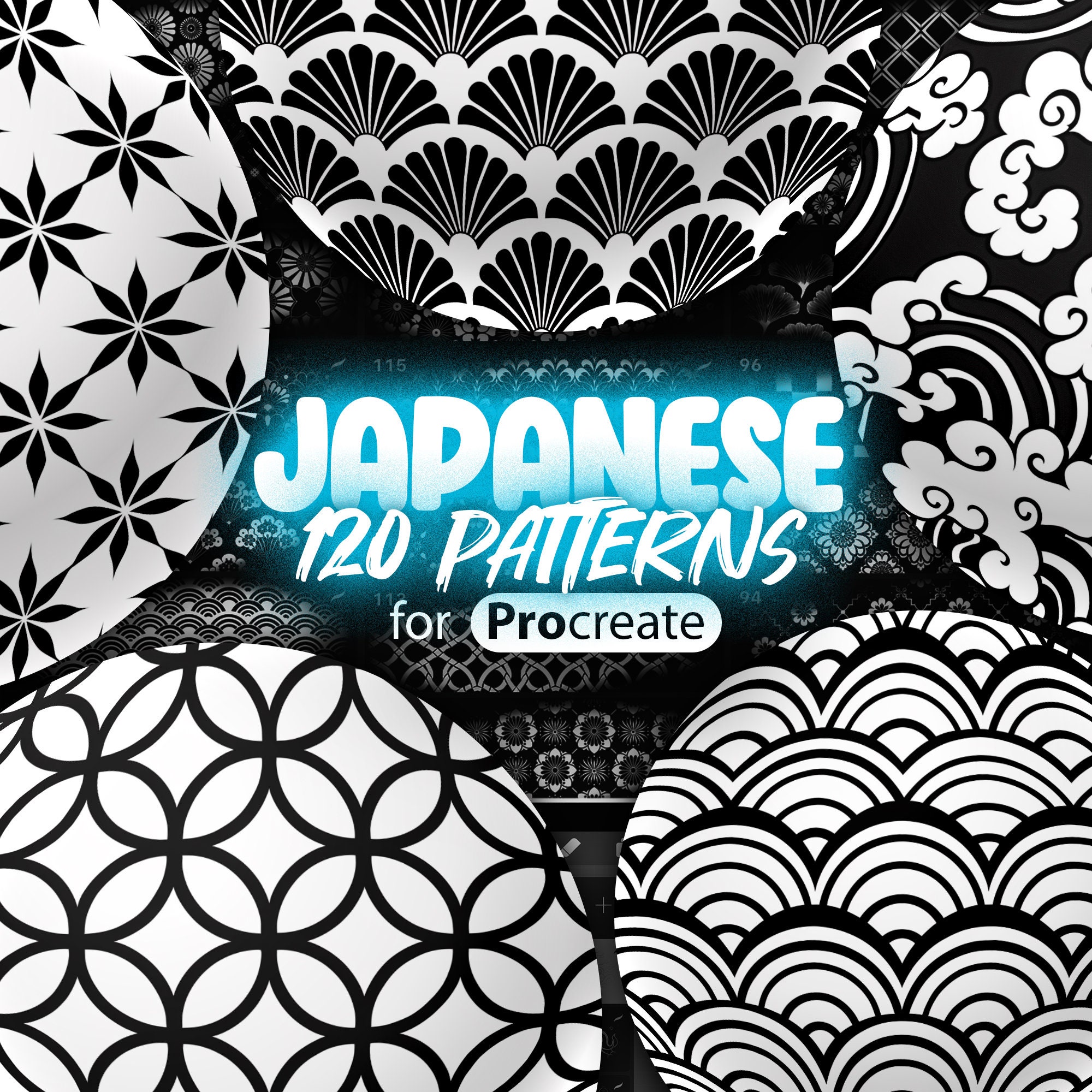 120 pinceles de patrones japoneses tradicionales para Procreate | Ornamental asiático y motivos de tatuaje