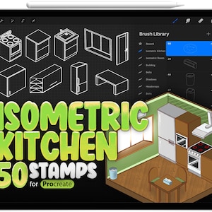 Puede incluir: Imagen de una pantalla de iPad con sellos de cocina isométricos para Procreate. La imagen muestra una variedad de elementos de cocina, incluyendo una estufa y armarios. El texto "ISOMETRIC KITCHEN 50 STAMPS for Procreate" es visible.