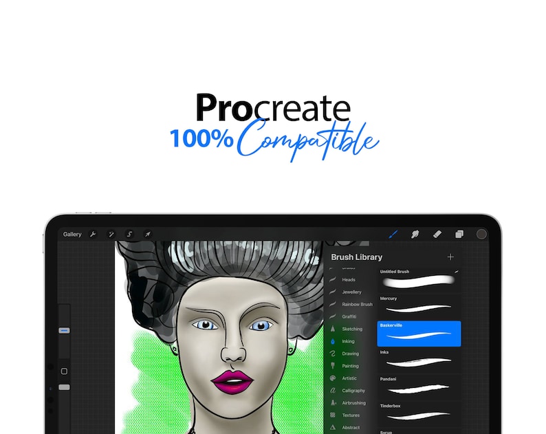 May include: A digital illustration of a woman with black hair and blue eyes on a green background. The image is displayed on a tablet screen with the text "Procreate 100% Compatible" at the top of the screen. The tablet screen also shows a brush library with various brush options.
