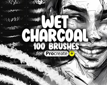 May include: A digital illustration of a woman's face with a black and white sketch style. The text "WET CHARCOAL 100 BRUSHES for Procreate +" is in white with a yellow plus sign. The image shows a set of 100 digital brushes for the Procreate app.