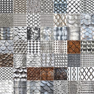 May include: A collage of 36 different types of chainmail, each with a unique pattern and texture. The chainmail is made of metal and has a silver color.