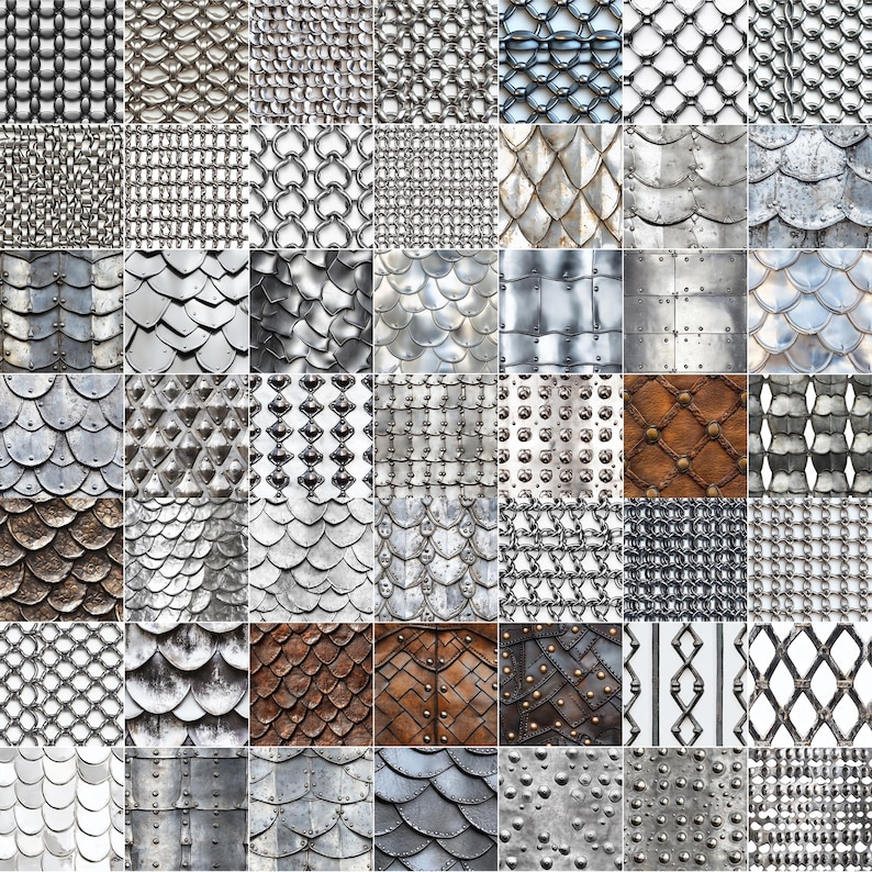 May include: A collage of 36 different types of chainmail, each with a unique pattern and texture. The chainmail is made of metal and has a silver color.