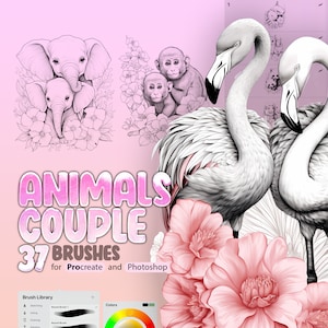 May include: A set of 37 digital brushes for Procreate and Photoshop featuring animal couples. The brushes are designed for creating illustrations of animals, such as elephants, monkeys, and flamingos. The brushes are shown in a digital interface with a color wheel and brush library.
