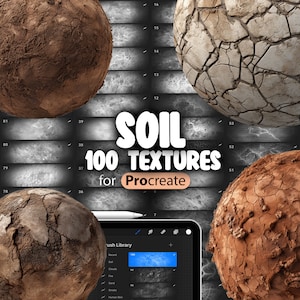 Peut inclure: Une illustration numérique de 100 textures de sol pour Procreate. L'image montre quatre textures de sol différentes en forme sphérique, avec un écran de l'application Procreate montrant une bibliothèque de pinceaux de sol dans le coin inférieur droit.