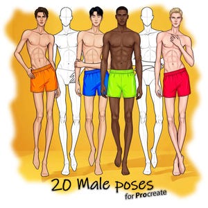 Op de afbeelding: Illustratie van zes mannelijke figuren in verschillende poses, gekleed in kleurrijke shorts. De figuren dragen oranje, blauwe, groene en rode shorts. Twee figuren zijn witte contouren. De tekst "20 Male poses for Procreate" staat onderaan.