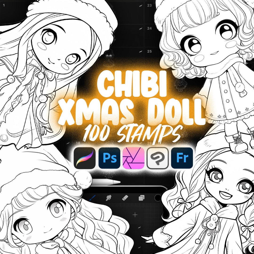 100 Procreate Chibi Christmas Doll Stamp Brushes | Procreate Chibi ...