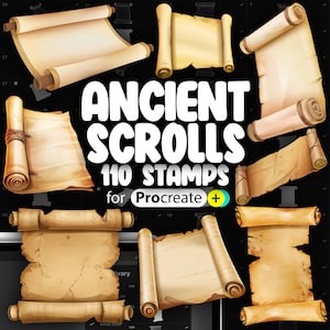 May include: A set of 110 digital stamps featuring illustrations of ancient scrolls in various styles and sizes. The stamps are designed for use with the Procreate app. The text "ANCIENT SCROLLS 110 STAMPS for Procreate +" is displayed in the center of the image.